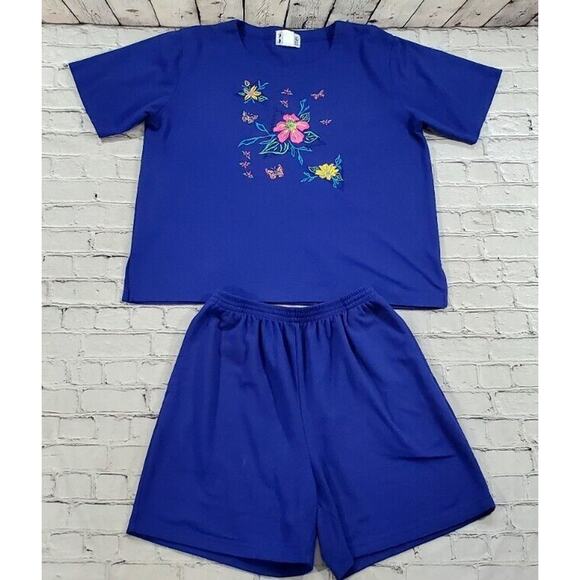 Kavio Designs Blue Elastic Waist Pants Top Set Embellished Floral WOMENS SIZE L - Picture 1 of 15